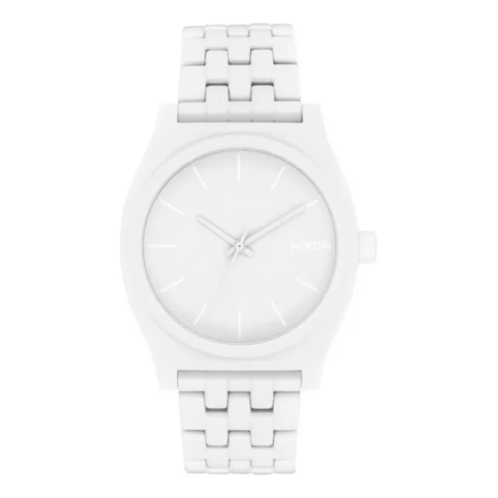 A045126 White Nixon watch with a minimalist design, featuring a smooth white face, simple hour markers, and a matching band.
