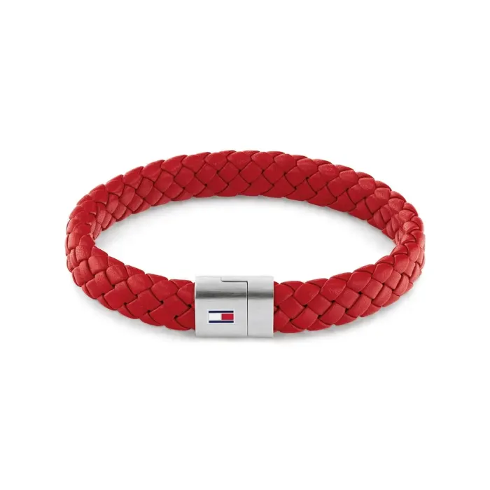 Red braided leather bracelet featuring a silver clasp with a small Tommy Hilfiger logo on it.