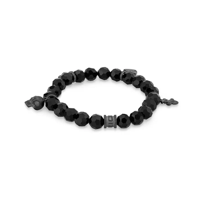 POLICE PEJGB2112901 Black beaded bracelet featuring faceted stones and decorative charms, including a skull and cross motifs, exuding a bold, edgy style.