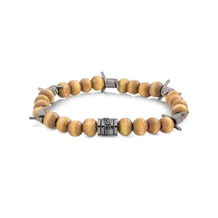 POLICE PEJGB2112332 A stylish bracelet featuring wooden beads, metal accents, and a central decorative piece, exuding a modern, earthy charm.