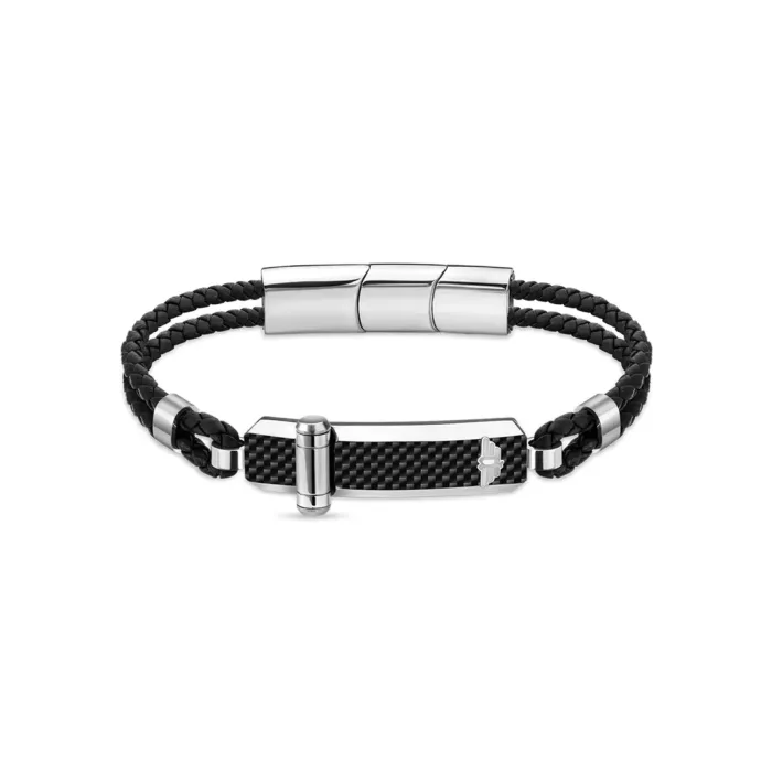 POLICE PEAGB2211631 A stylish black braided bracelet with metallic accents and a carbon fiber centerpiece, featuring a secure clasp design.