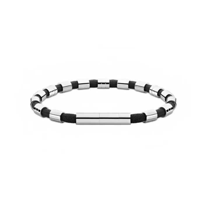 Stylish bracelet featuring alternating silver metal and black cord segments, creating a modern and sleek design.