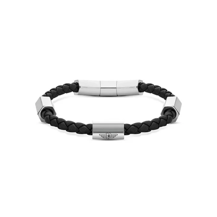 Black braided leather bracelet with silver geometric beads and a small winged emblem. Stylish and contemporary accessory.