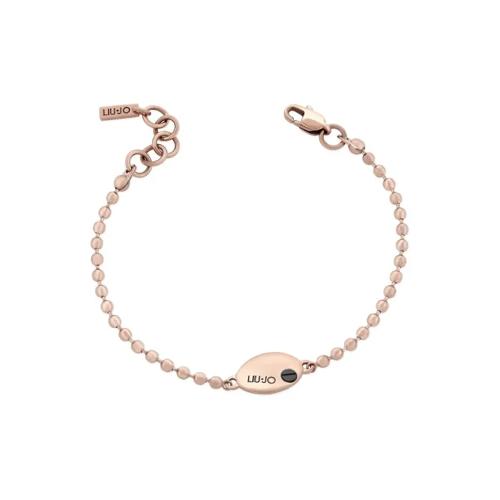 LIU-JO MLJ134 A delicate rose gold bracelet featuring a beaded chain and an oval clasp with the Liu Jo logo, showcasing elegant simplicity.