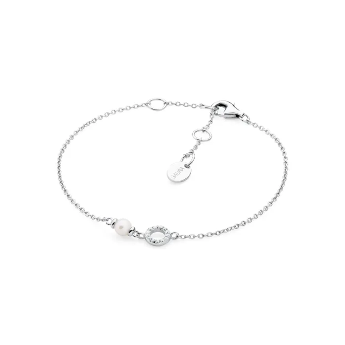 GAURA SK22244B Silver bracelet featuring a pearl and a circular charm adorned with sparkling stones, completed with a clasp and adjustable chain.