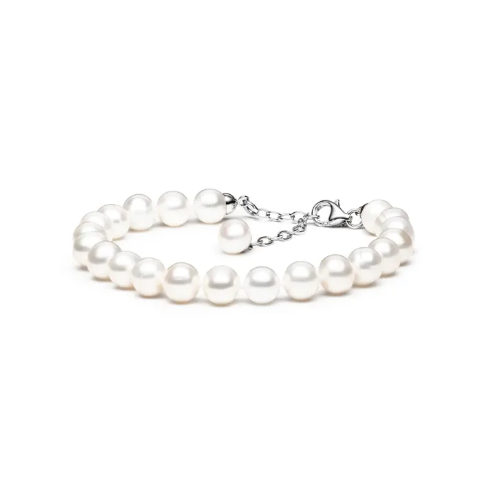 GAURA FARW685-B A delicate pearl bracelet with a silver clasp and adjustable chain, featuring luminous white pearls arranged neatly in a single strand.