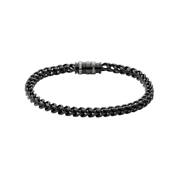 A stylish black braided bracelet featuring metal accents with the brand name "DIESEL" in bold lettering.