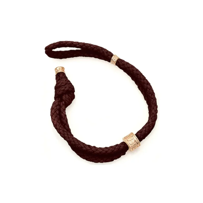 AMEN 8054719040668 Braided dark brown bracelet embellished with decorative gold beads, showcasing a stylish and unique design.