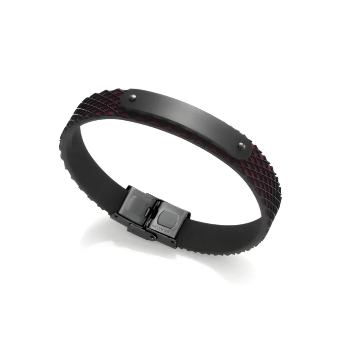 75254P09011 Black rubber bracelet with textured red accents and a sleek clasp, designed for a modern and sporty look.