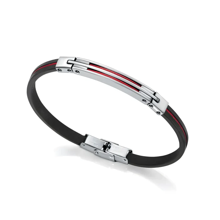 Sleek black bracelet featuring silver accents and subtle red stripes, showcasing a modern and stylish design.