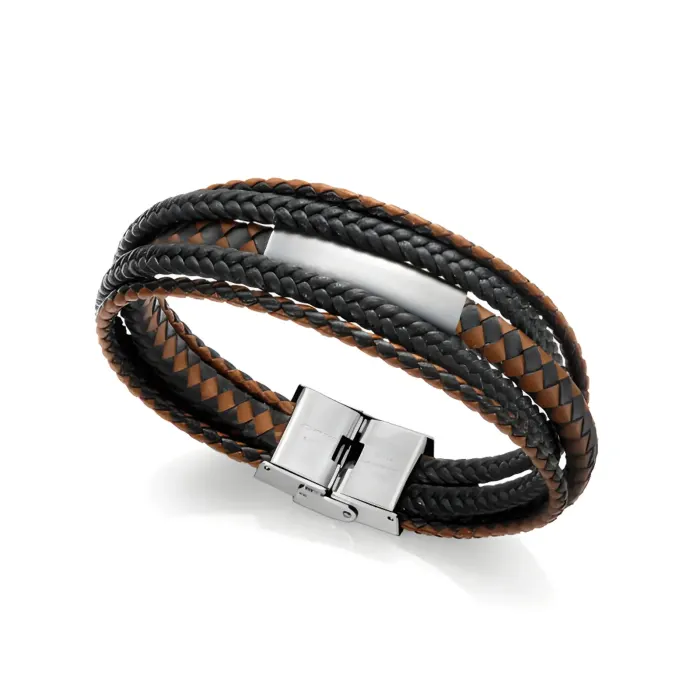 75243P09011 A stylish braided leather bracelet featuring black and brown strands, secured with a sleek silver clasp.