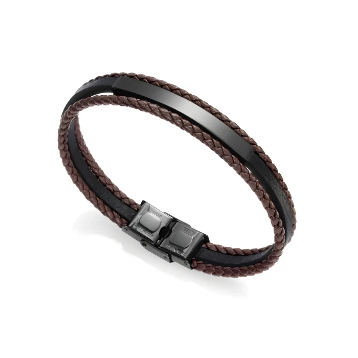 15110P09010 Stylish brown braided leather bracelet with a sleek black metal clasp, perfect for casual or formal wear.