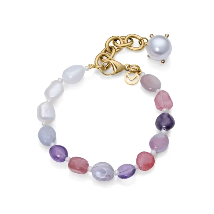 14042P01019 A stylish bracelet featuring a mix of colorful beads, including pearls and gemstones, with a gold-tone clasp and chain.