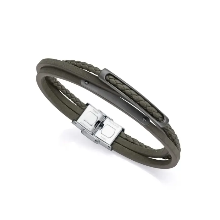 Stylish braided olive green leather bracelet with a sleek metal clasp and accent, perfect for casual or elegant outfits.
