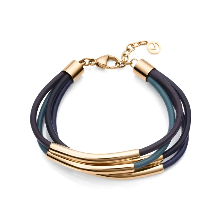Elegant multi-strand bracelet featuring navy and teal rubber bands with sleek gold accents and a lobster clasp closure.