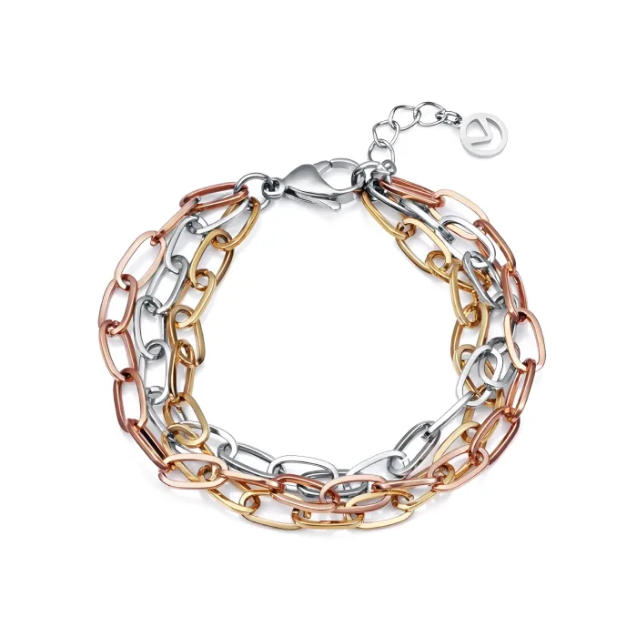 1455P01019 Stylish multi-metal chain bracelet featuring alternating silver, gold, and rose gold links, with a lobster clasp closure.