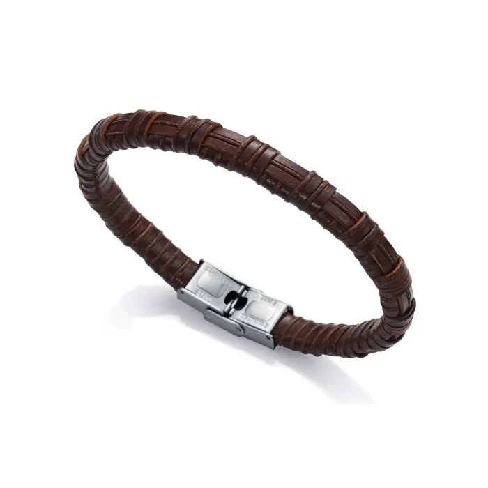 A stylish brown leather bracelet with a woven design and a sleek silver clasp, perfect for casual or formal wear.