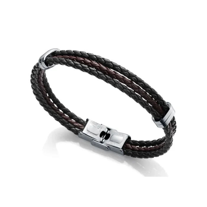 1324P01011 Stylish leather bracelet with braided dark brown and black strands, featuring a sleek metal clasp.