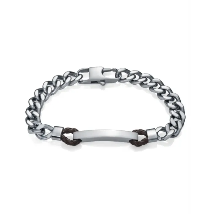 1313P01011 A stylish silver chain bracelet featuring dark brown leather accents and a sleek metallic bar centerpiece.