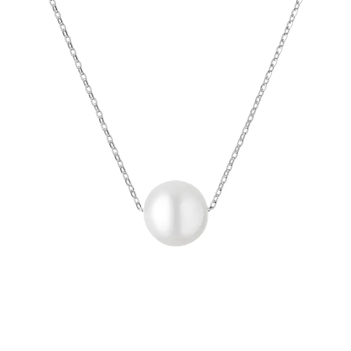 GAURA MS21257P Simple silver necklace featuring a single lustrous white pearl as the centerpiece on a delicate chain.