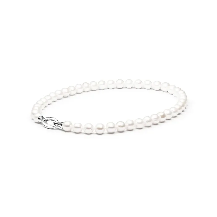 Elegant white pearl necklace with a silver clasp, showcasing a seamless string of lustrous pearls.