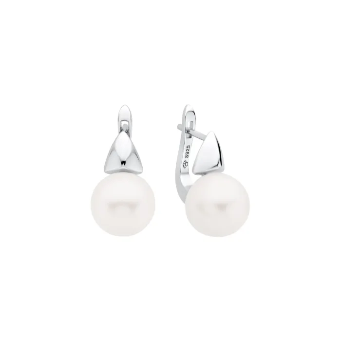 Elegant silver earrings featuring lustrous white pearls, designed with a sleek triangular top for a modern touch