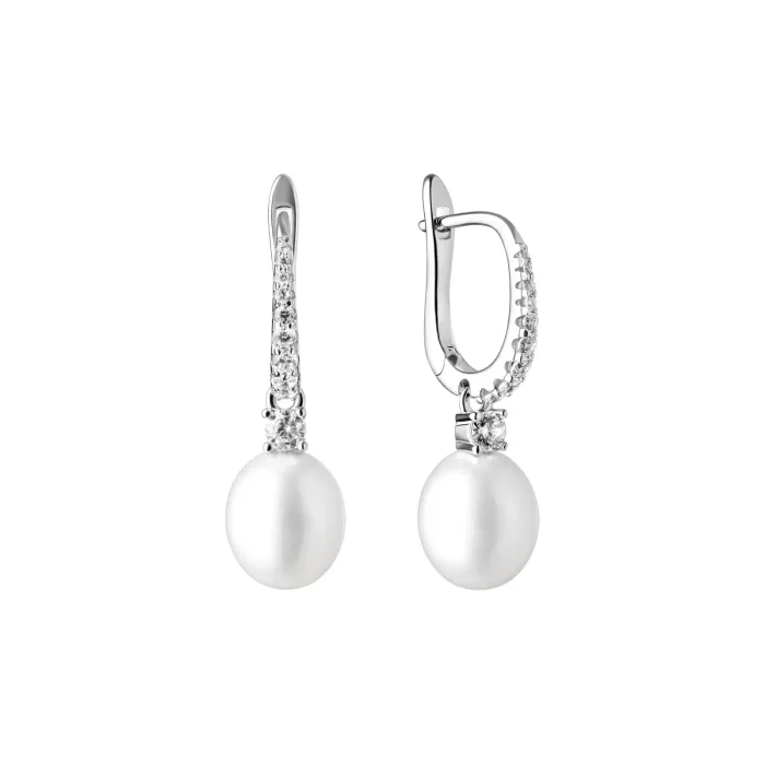 Elegant silver earrings featuring white pearls and sparkling accents, perfect for formal occasions or everyday glamour.