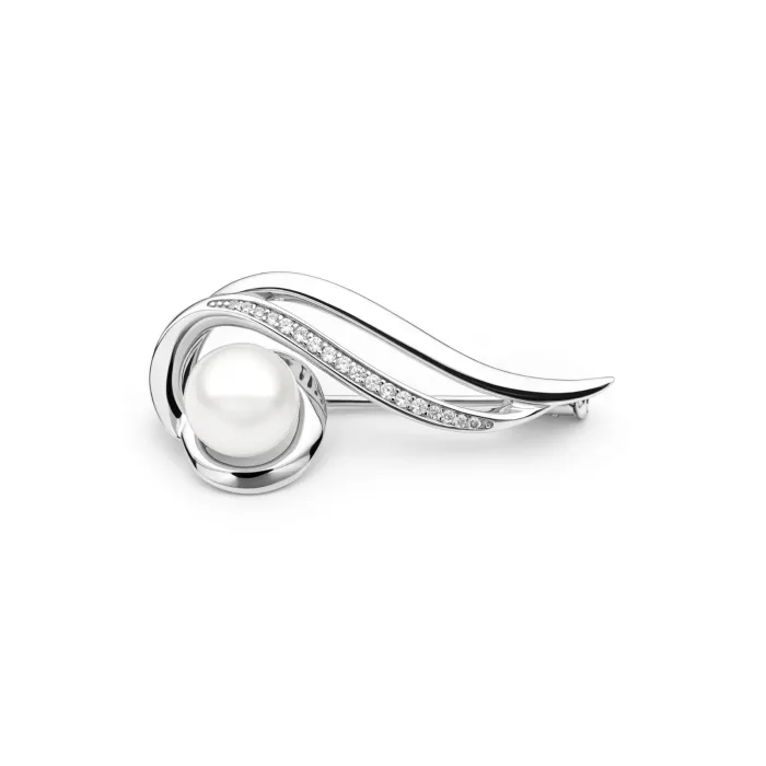 GAURA SK21249BR Elegant silver brooch featuring a round pearl and sparkling diamonds, designed in a graceful, flowing shape