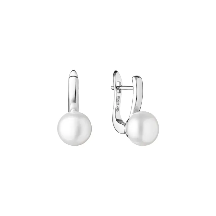 Elegant silver earrings featuring large, lustrous white pearls, showcasing a contemporary design with a secure clasp.