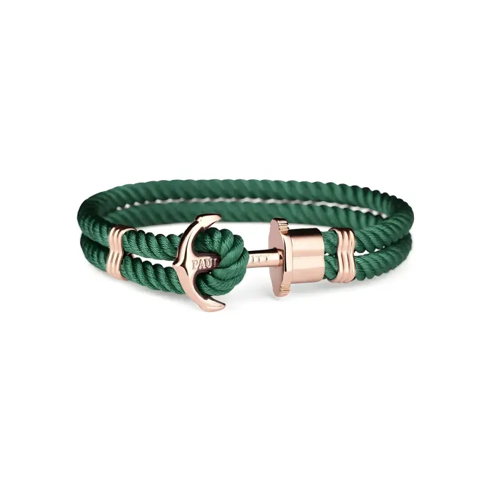 PAUL HEWITT PH-PH-N-R-G-M A stylish green rope bracelet featuring a sleek rose gold anchor clasp and a polished end cap, combining elegance and nautical flair.