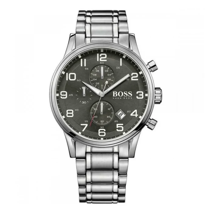 HB1513181 Silver stainless steel chronograph watch by Hugo Boss with a dark gray dial, large numbers, and multiple sub-dials.