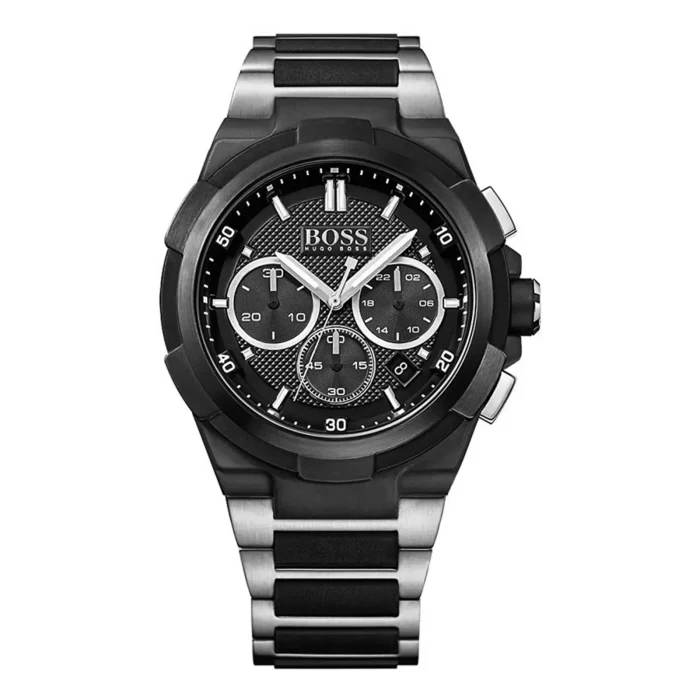 Black and silver Hugo Boss chronograph watch with a textured dial, featuring three subdials and a sleek two-tone band.