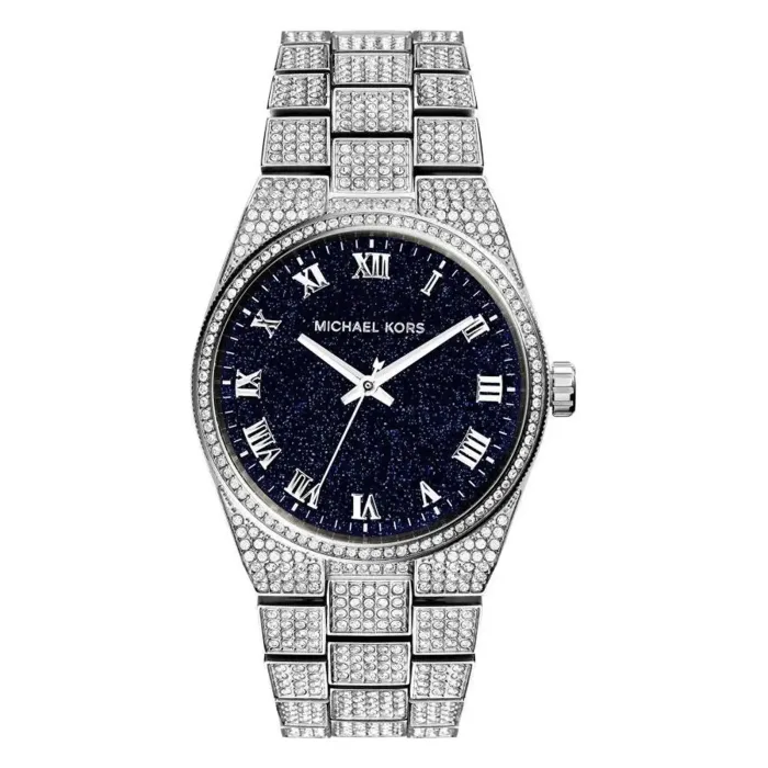 A glamorous Michael Kors watch featuring a dark blue sparkling dial, silver Roman numerals, and a sparkling stone-encrusted band.