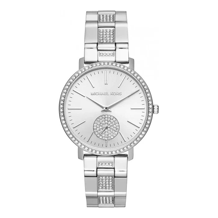 mk3600 Silver Michael Kors watch featuring a sparkling bezel, a round dial with a stone-embellished subdial, and a sleek bracelet design.