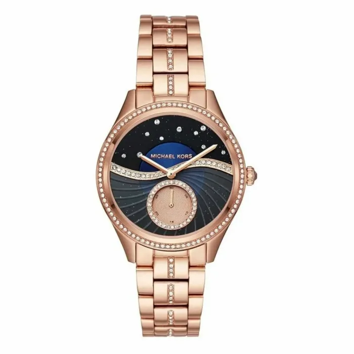 Rose gold Michael Kors watch with a jeweled bezel, dark dial featuring wave patterns and sparkling accents, showcasing elegant design.