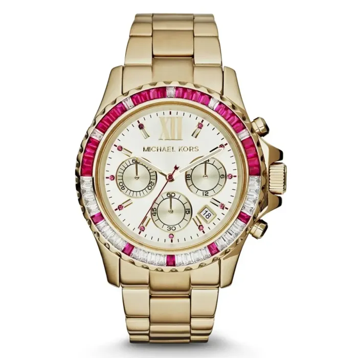 mk5871 Gold Michael Kors watch with a pink and white jeweled bezel, white face, three sub-dials, and a date display. Elegant and stylish design.