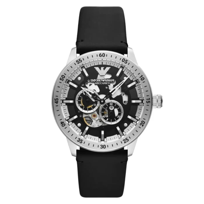 AR60051 Men's Emporio Armani mechanical watch with a silver bezel, black dial, and rubber strap, featuring two sub-dials.