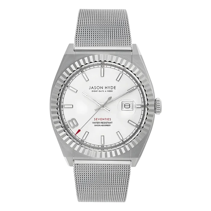JASON HYDE JHW-JH30003 Silver watch by Jason Hyde with a white dial, ribbed bezel, mesh strap, and red accents, featuring water resistance and date display.