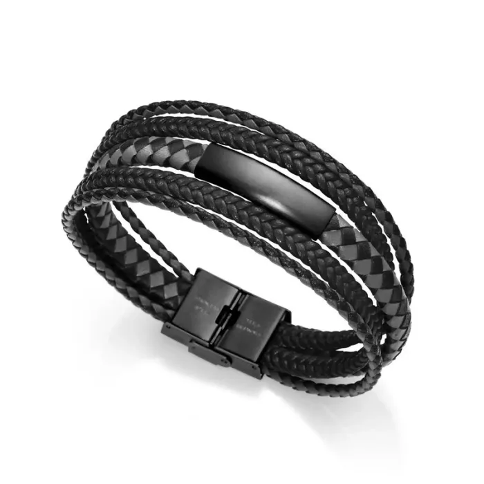 Black braided leather bracelet with a sleek central clasp, featuring a mix of textures and an elegant design.