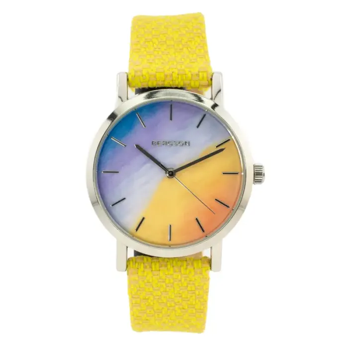 Wristwatch with a colorful gradient dial in blue, purple, and yellow, thin silver hands, and a bright yellow textured strap. Modern and vibrant design.