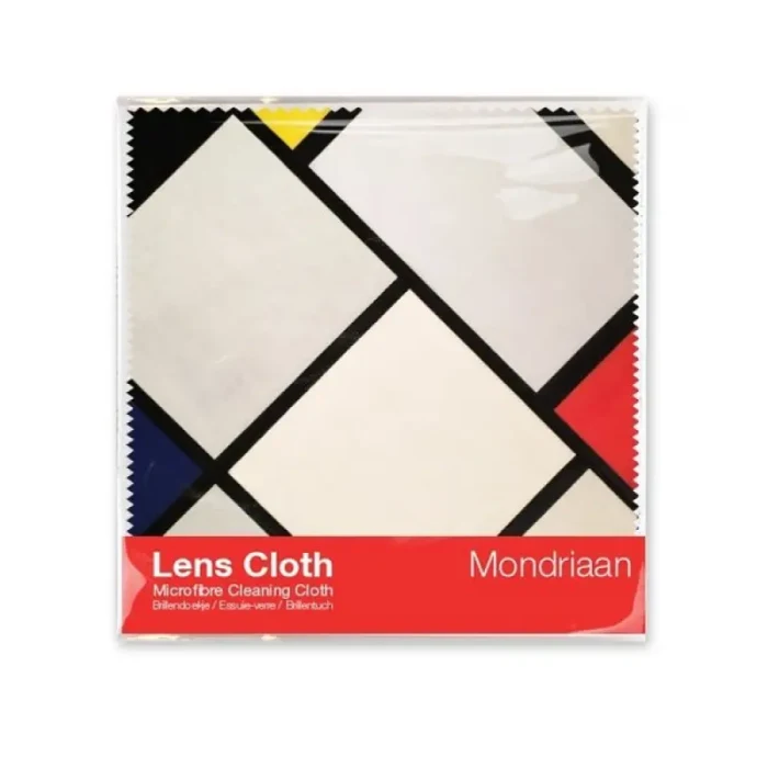 Lens cloth package with Piet Mondrian style design, featuring red, yellow, blue, black, and white geometric shapes. Red label reads "Lens Cloth Mondriaan."