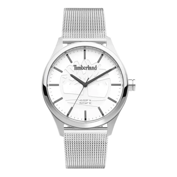 Silver Timberland wristwatch with a white dial, mesh band, and embossed logo featuring geographical coordinates.