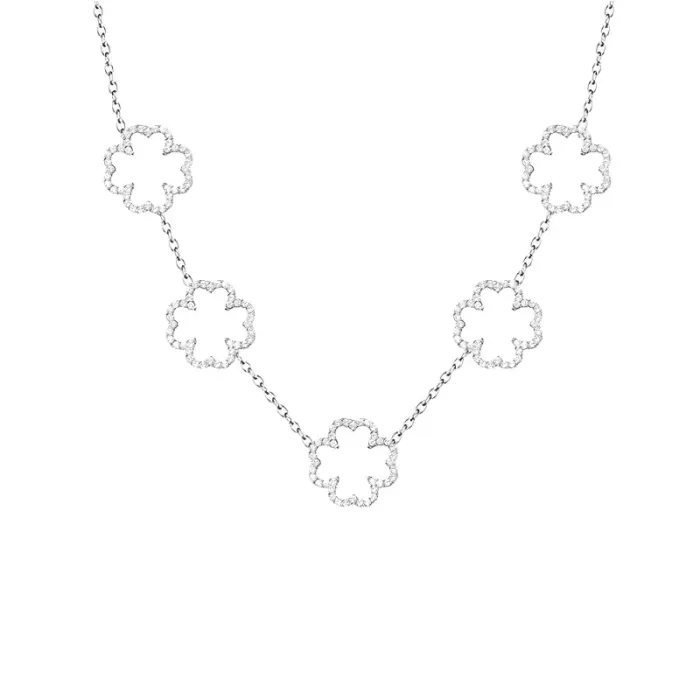 Silver chain necklace featuring five interconnected, diamond-encrusted four-leaf clovers