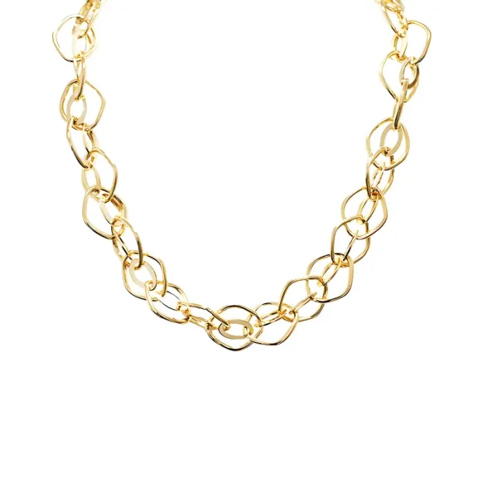 Gold-toned chunky link chain necklace with irregular oval-shaped links.