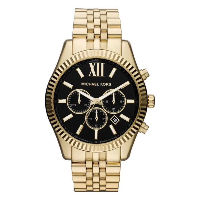 mk8286 Gold Michael Kors watch with a black dial, featuring Roman numerals, sub-dials, and a date display. Elegant chain-link bracelet design.
