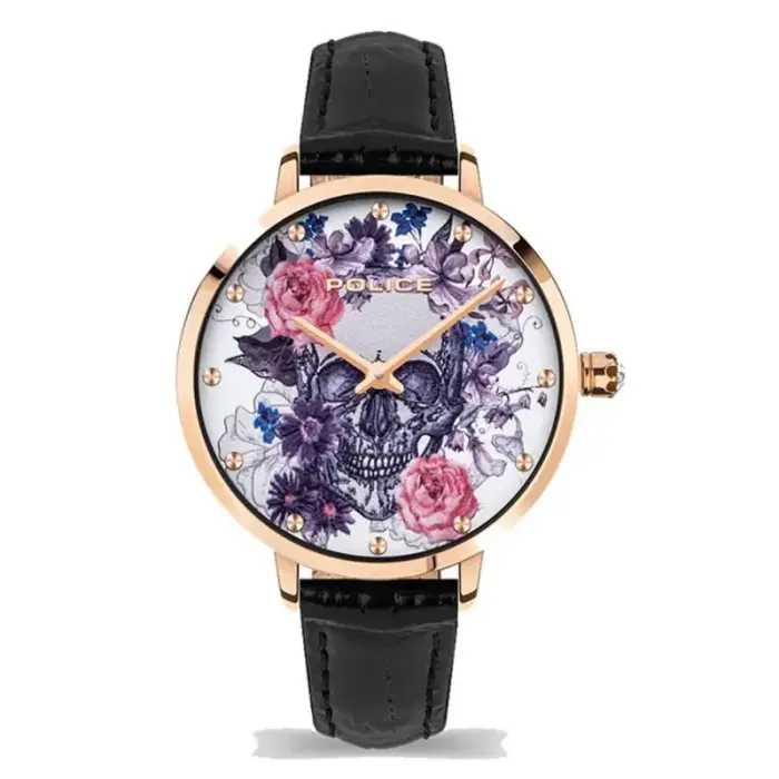 POLICE 16032MSR-01 Stylish watch with a floral skull design, gold accents, and a black leather strap, showcasing a unique artistic flair.
