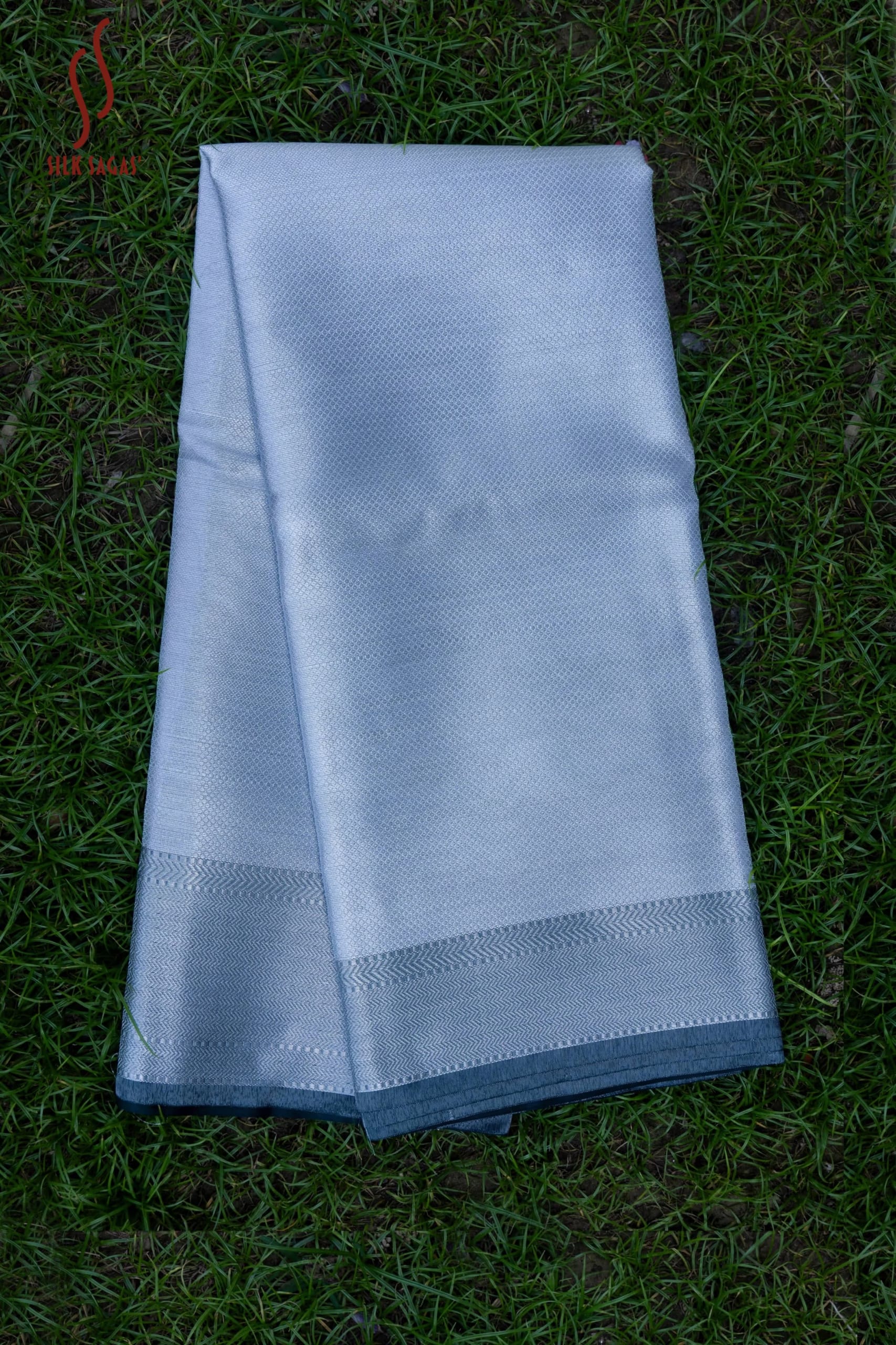 Shimmering Silver Glass Tissue Silk Saree - Image 4