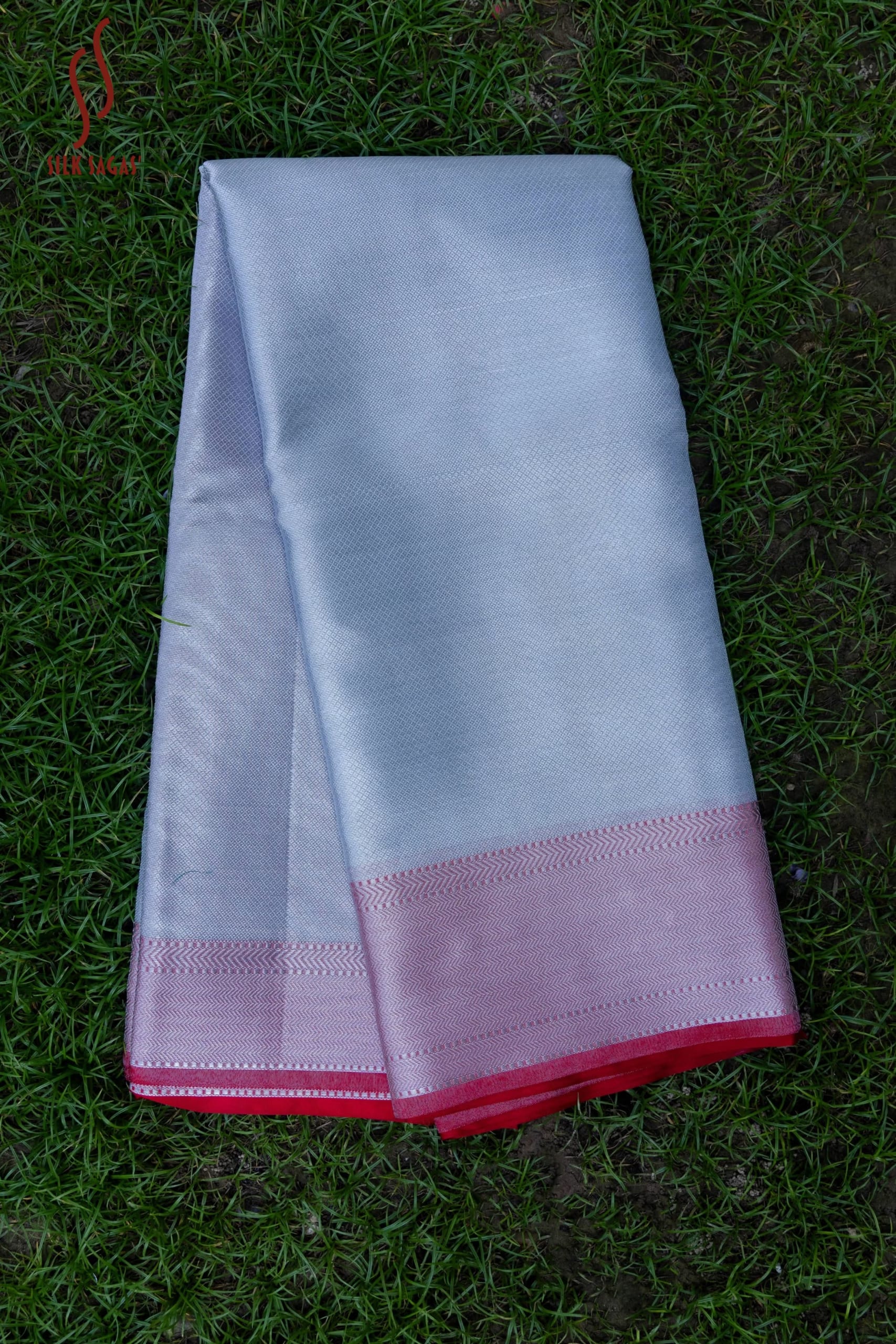 Shimmering Silver Glass Tissue Silk Saree - Image 3