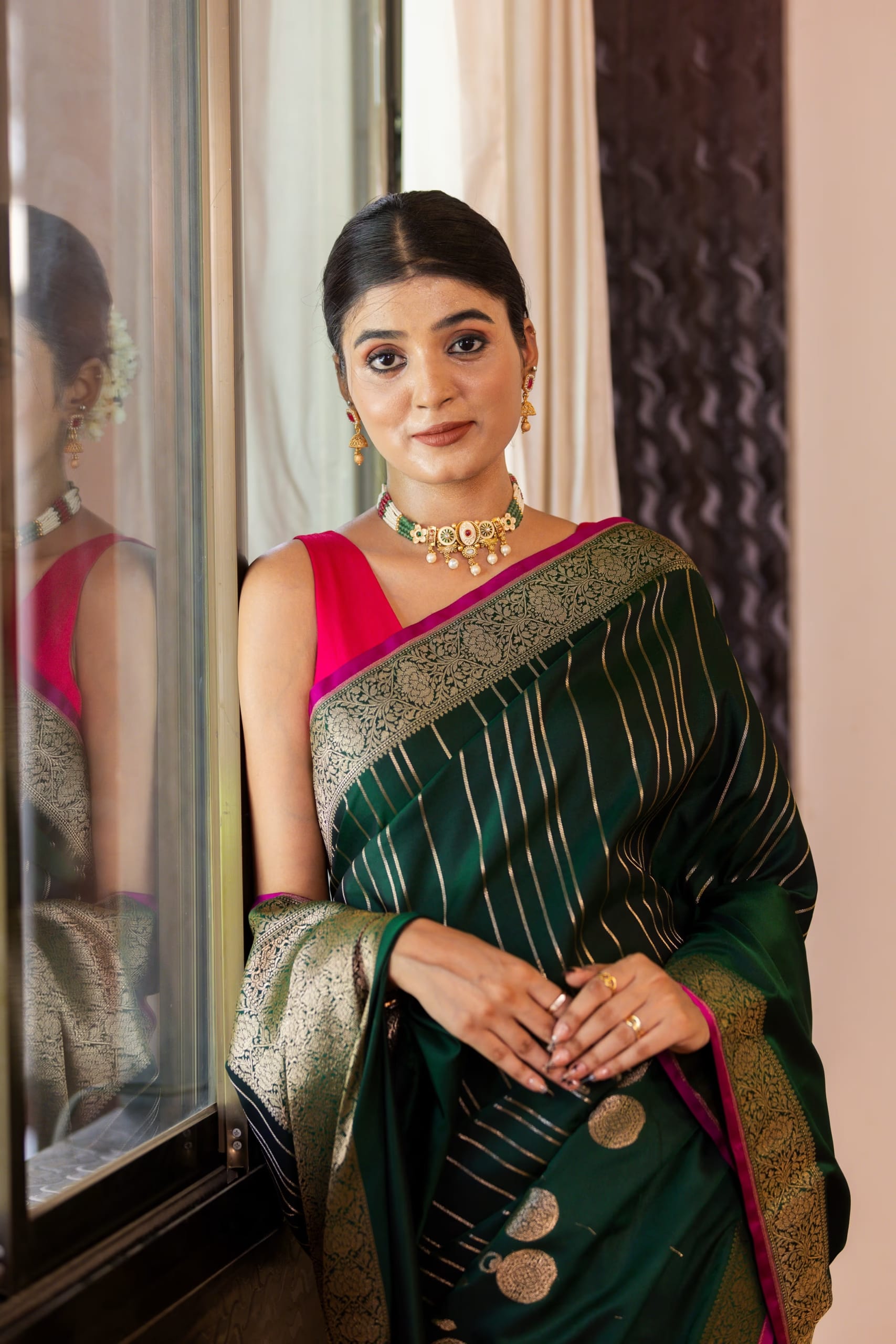 Elegant Dark Green Striped Silk Saree