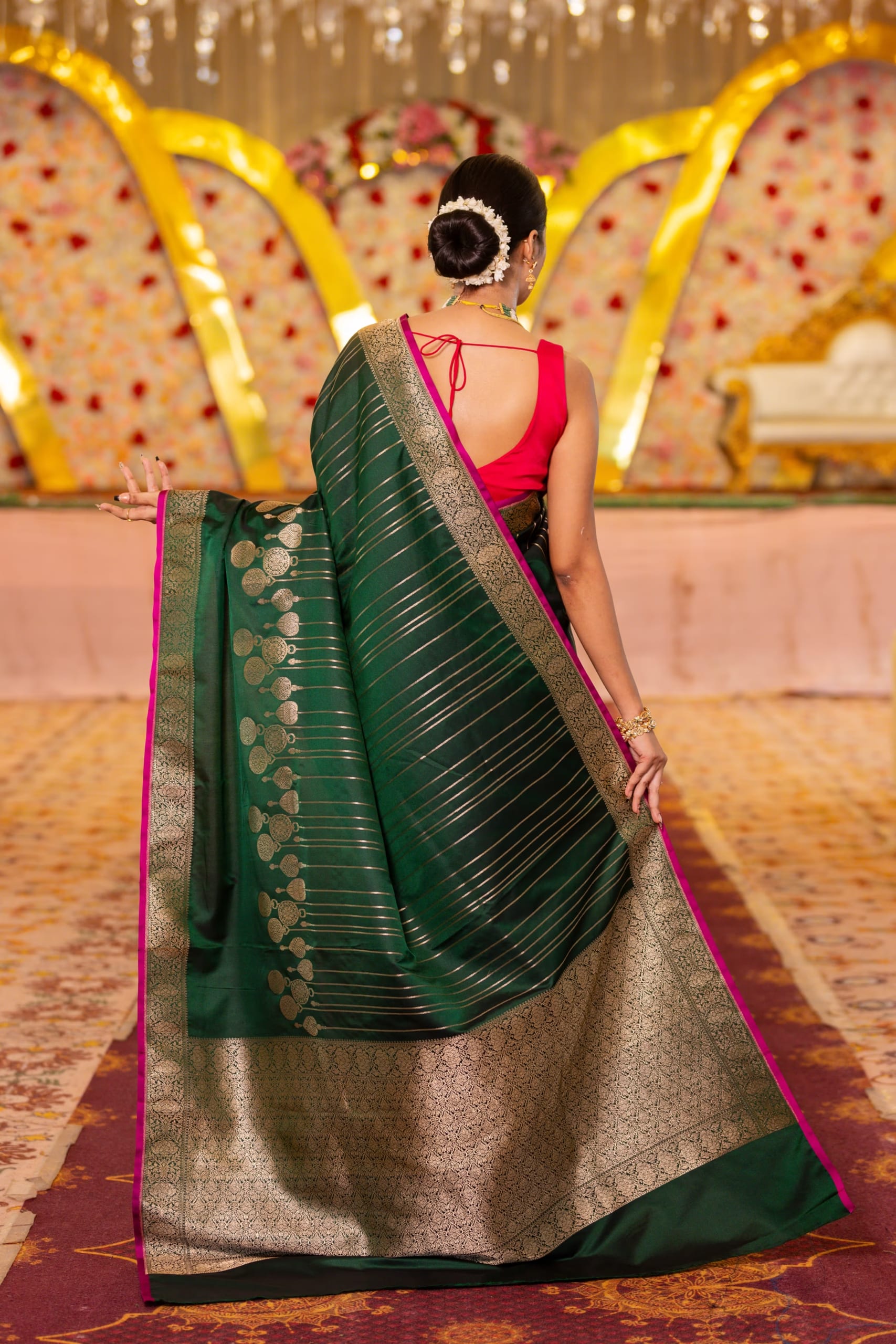 Elegant Dark Green Striped Silk Saree - Image 2